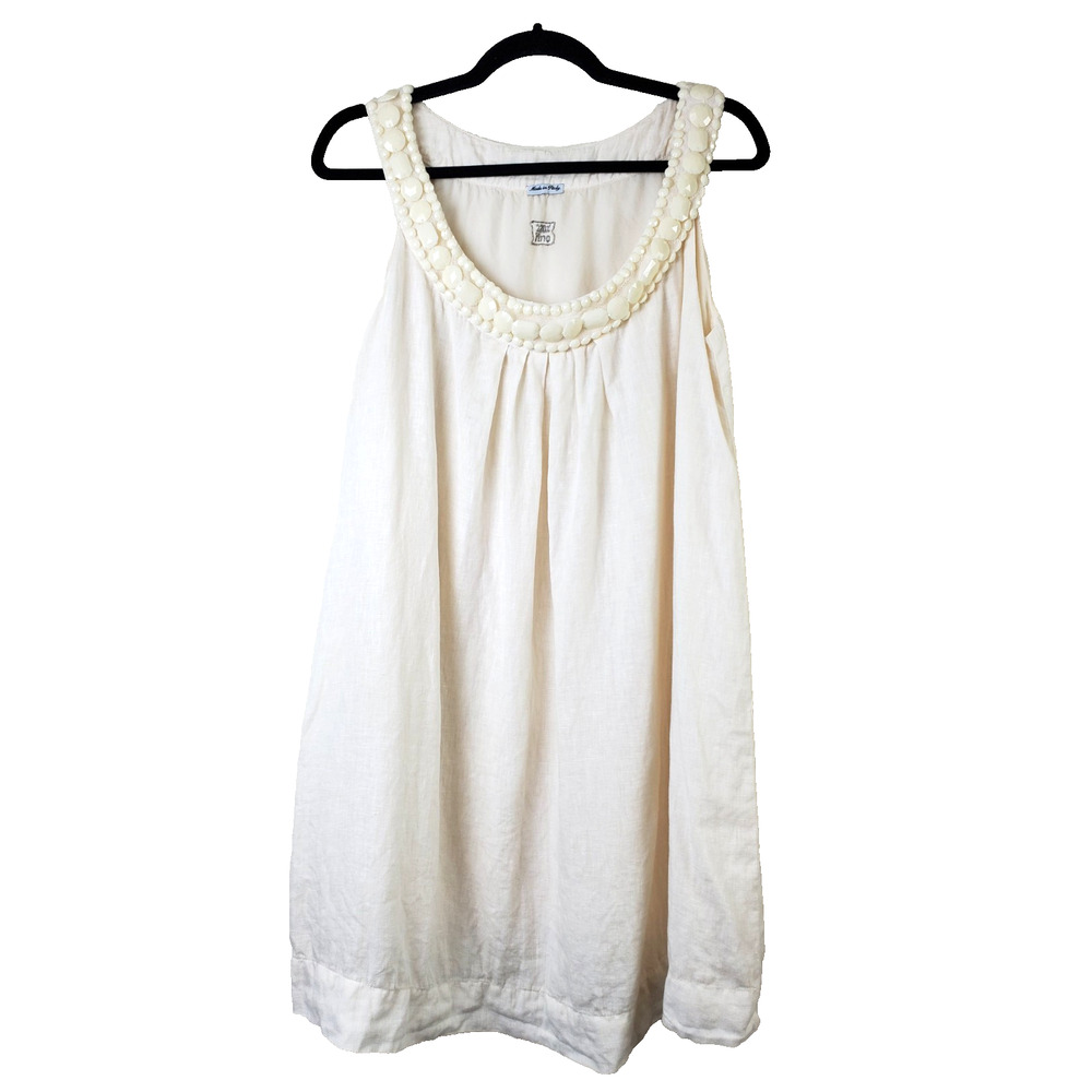 120% Lino Dress Womens Medium Linen Shift Boho‎ Beach Vacation Midi Ivory